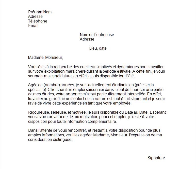 Exemple de lettre de motivation pour cueillir des fruits 